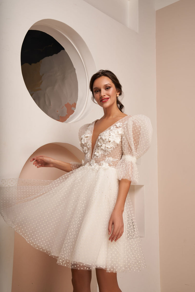 Polka Dot Lace Mini Dress with Embroidery HAREM's Brides Polka Dot Lace Mini Dress with Embroidery HAREM's Brides