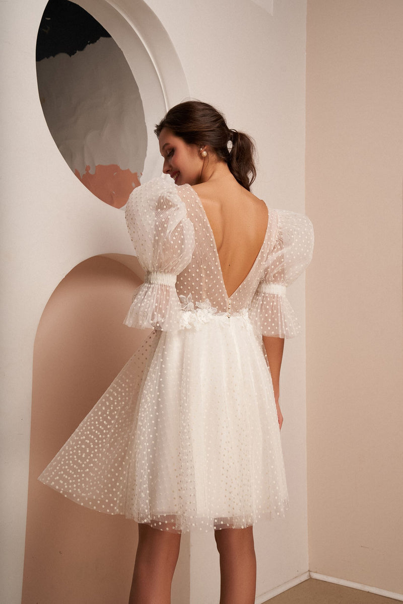 Polka Dot Lace Mini Dress with Embroidery EU38 / Off-White