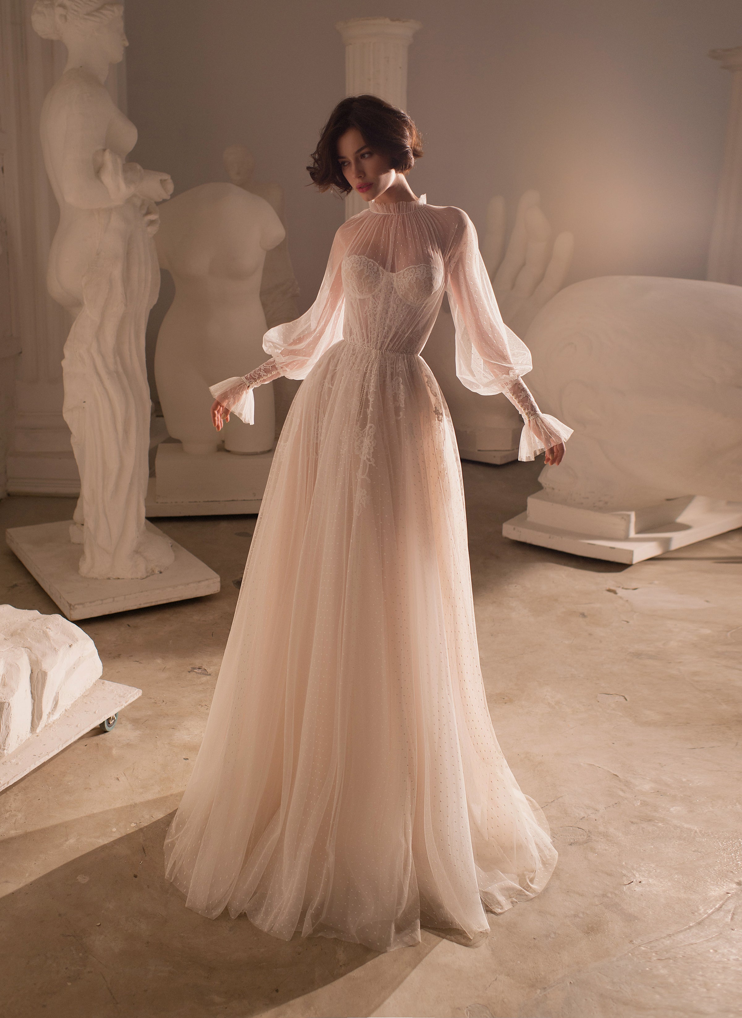 Long Billow Sleeve Chiffon A-Line Wedding Dress