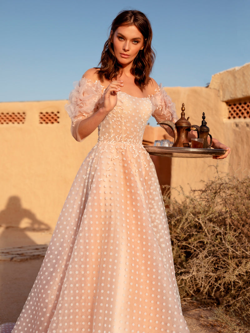 Off-Shoulder Polka Dot Gown HAREM's Brides Off-Shoulder Polka Dot Gown HAREM's Brides