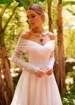 Elegante vestido de novia de corte A con hombros descubiertos