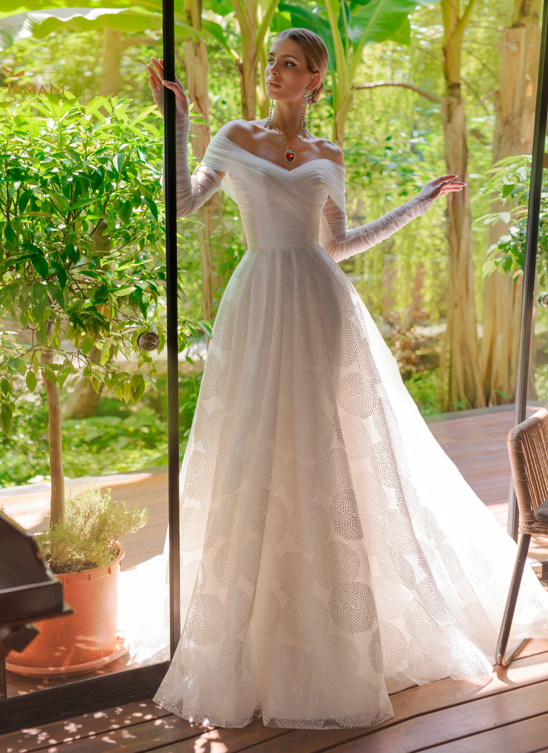 Elegante vestido de novia de corte A con hombros descubiertos