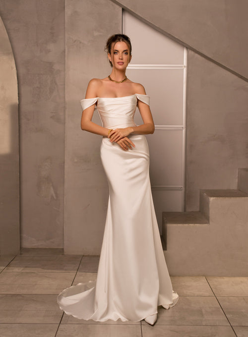Vestido de noiva sereia minimalista com ombros descobertos