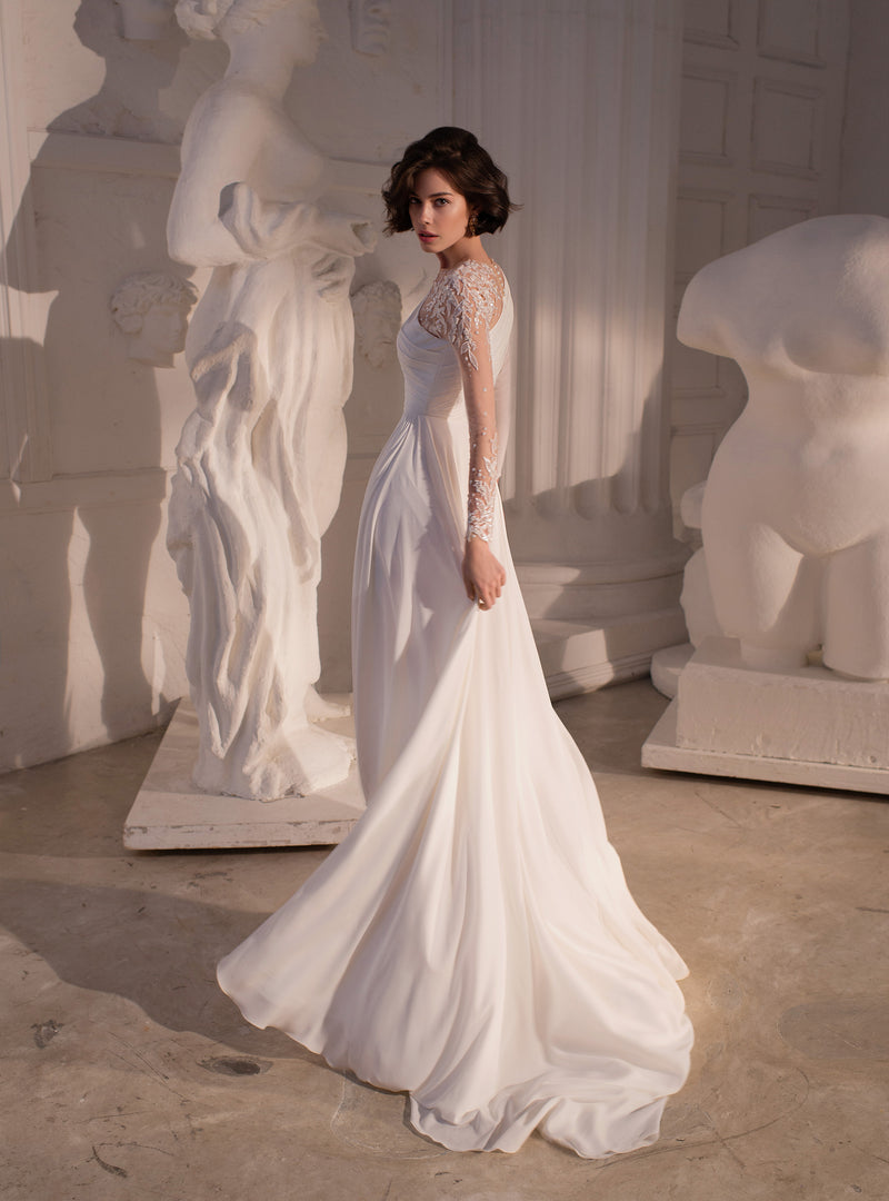 Hellenic Style Asymmetrical Neckline Wedding Gown – HAREM's Brides