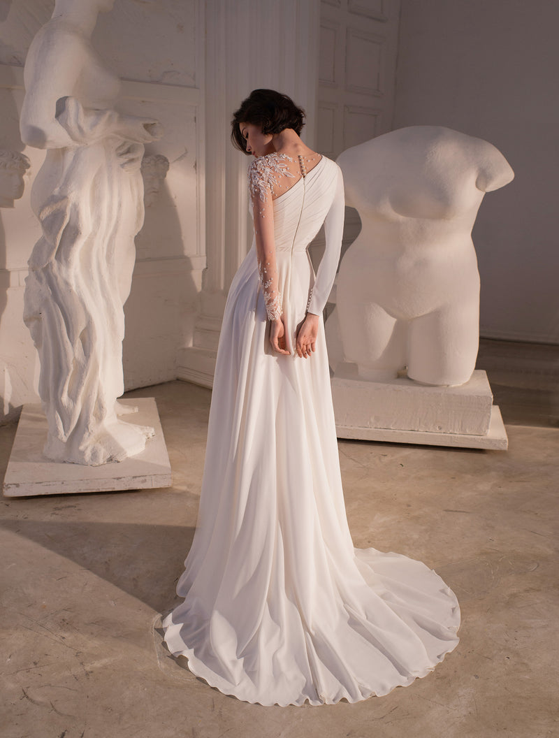 Hellenic Style Asymmetrical Neckline Wedding Gown – HAREM's Brides