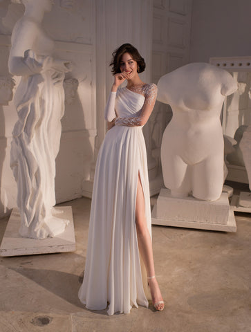 Chiffon A-line Wedding Dress With Lace Back Details | Kleinfeld Bridal