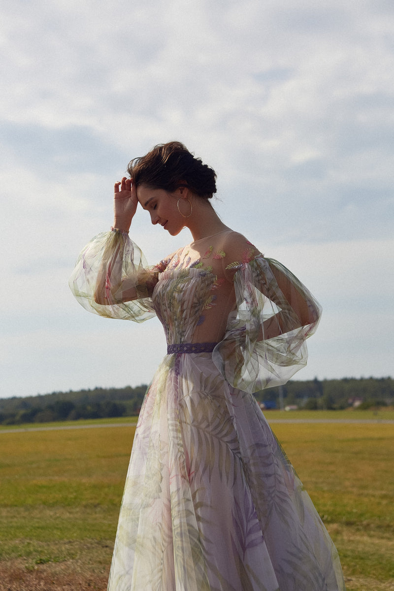 Robe de soirée longue à manches bouffantes