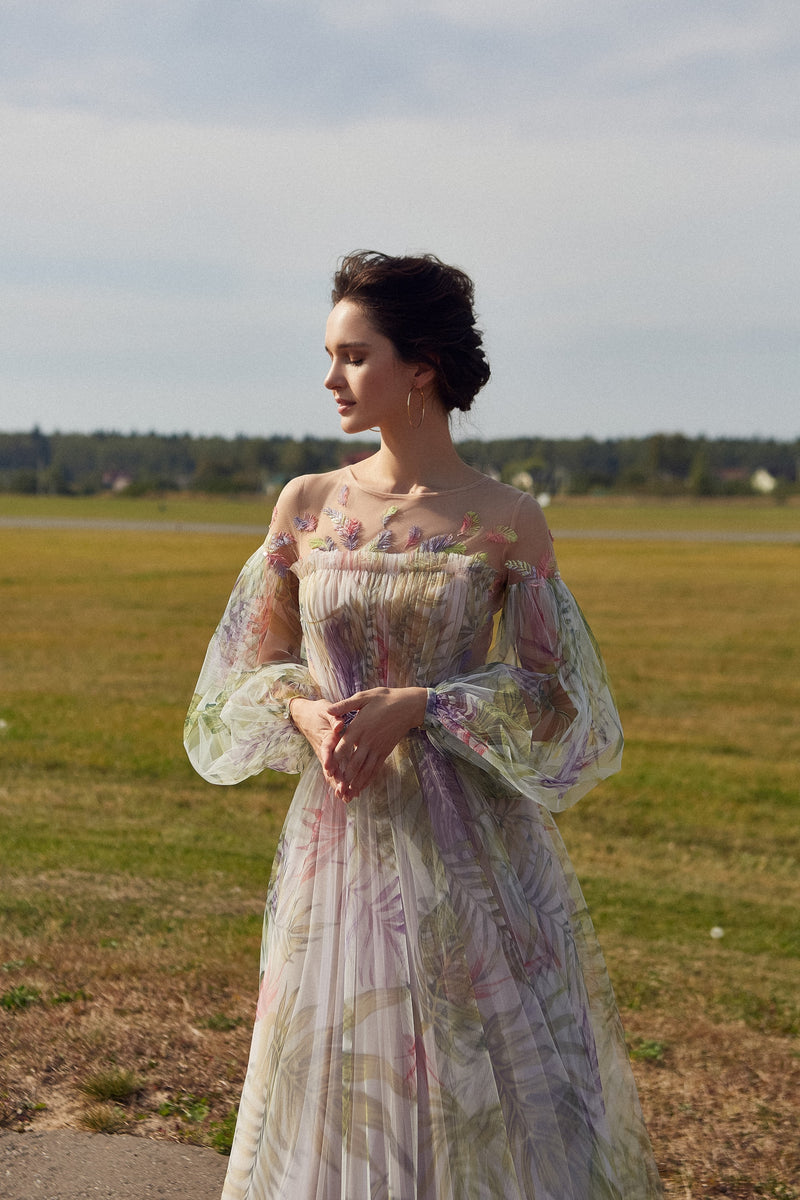 Robe de soirée longue à manches bouffantes