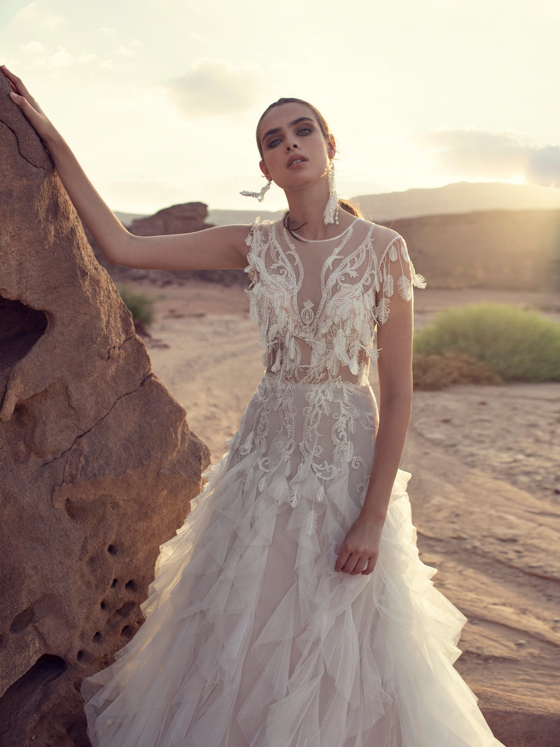 Sleeveless Ruffled Bohemian Wedding Gown