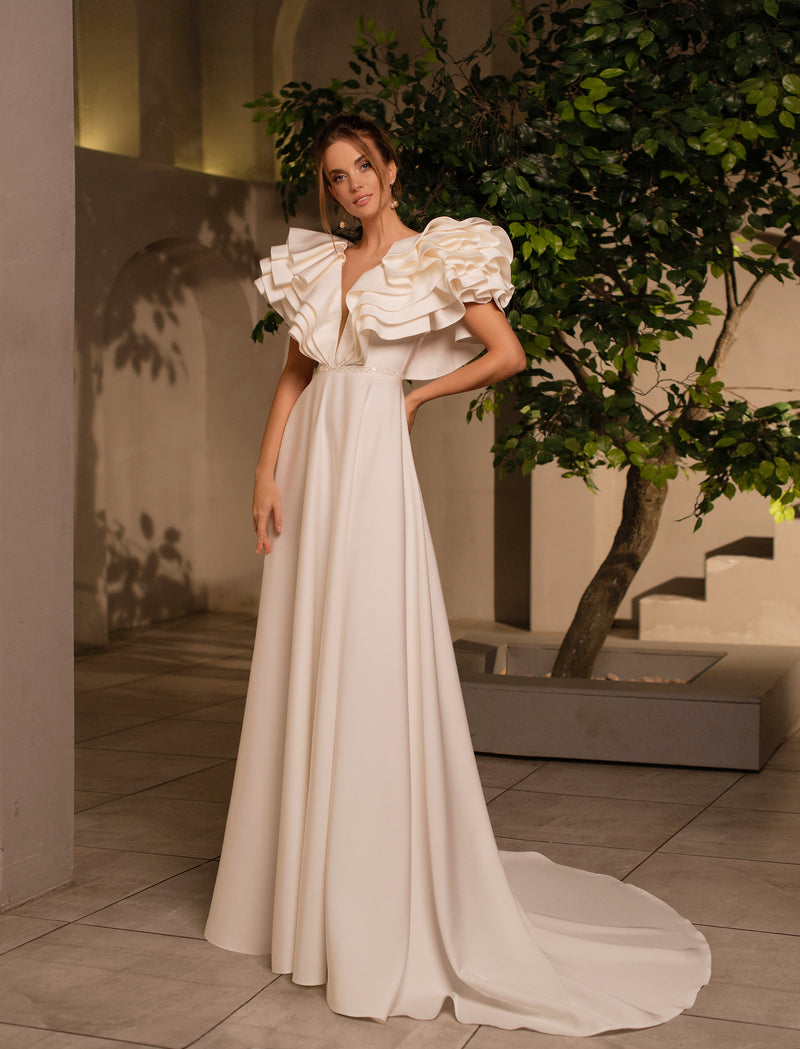 Flutter Sleeve A-Line Mikado Wedding Dress EU32