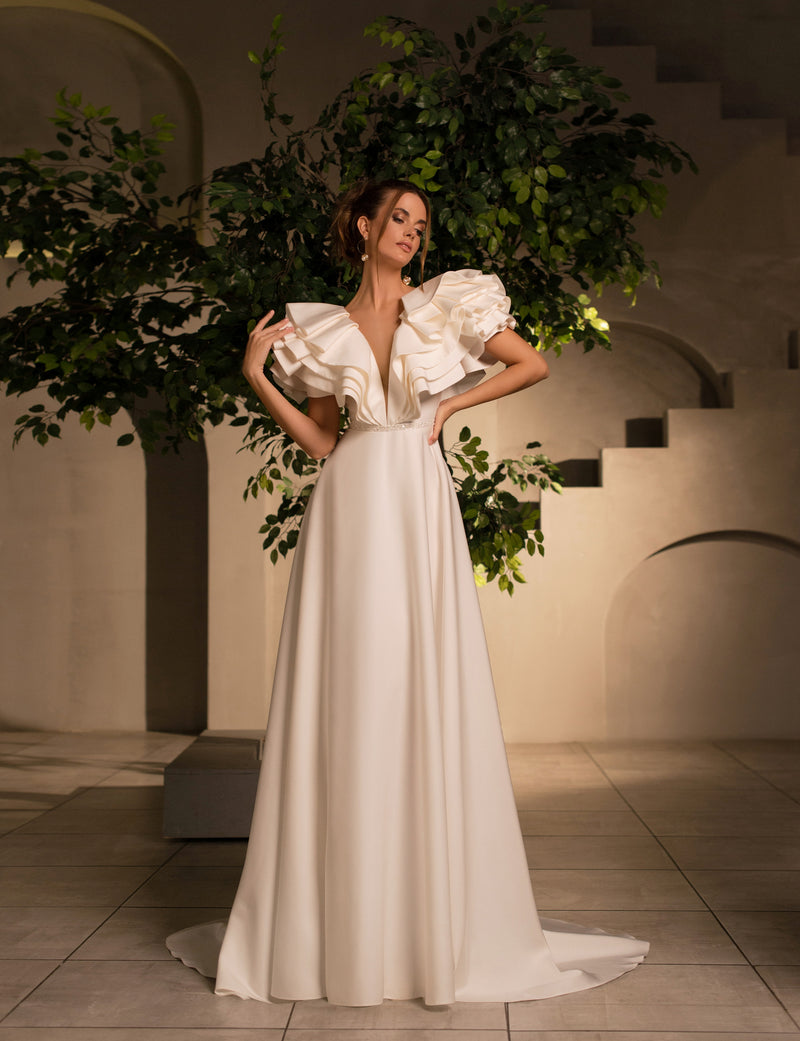 Robe de mariée mikado trapèze à manches flottantes