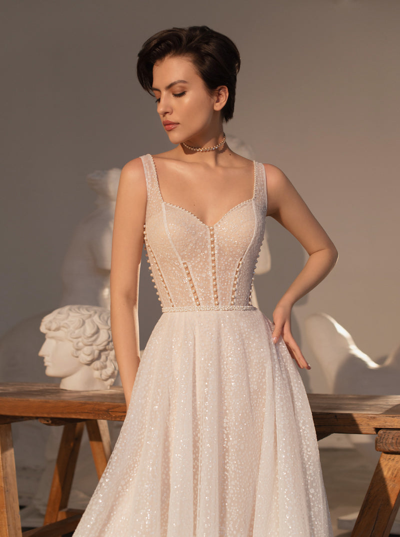 Robe de mariée trapèze sans manches à paillettes