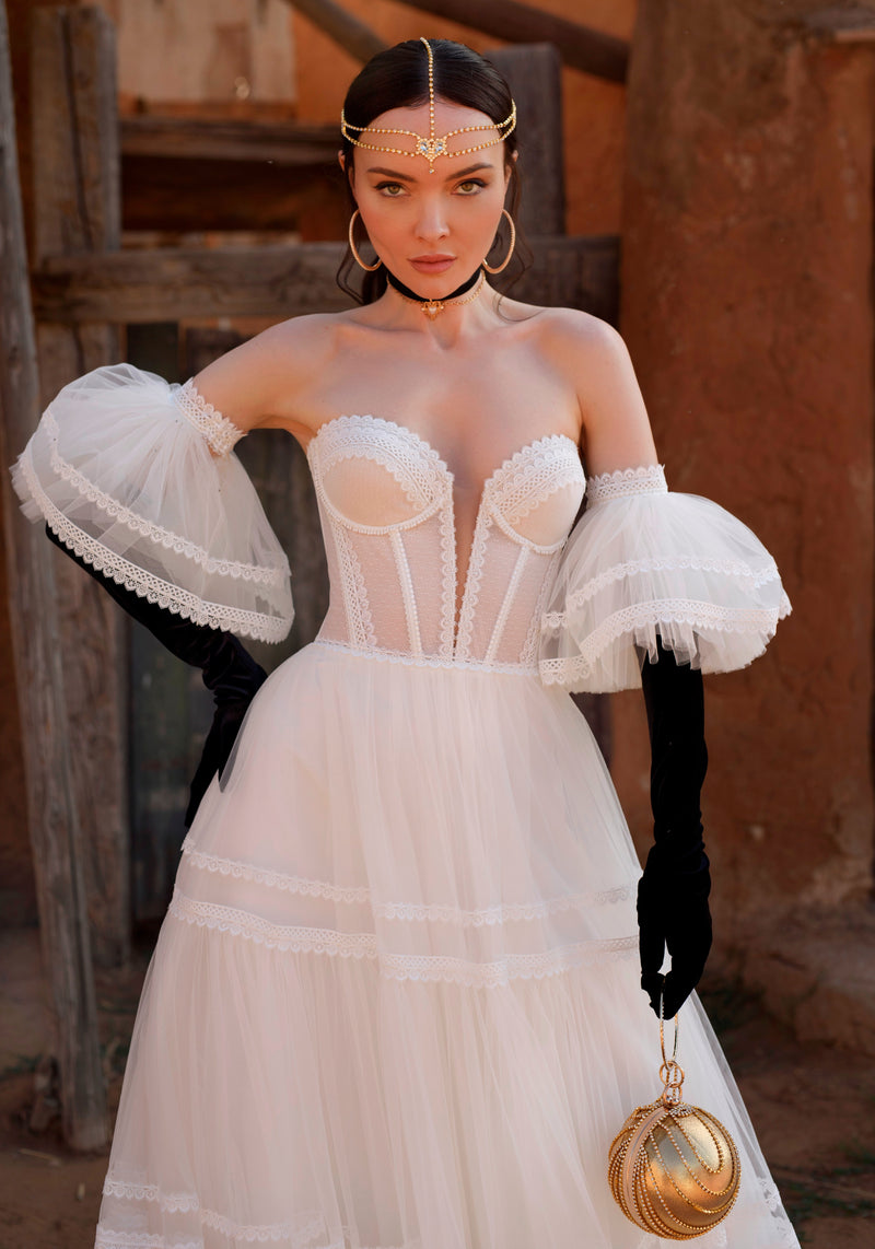 Strapless Wedding Gown with Removable Puffy Sleeves