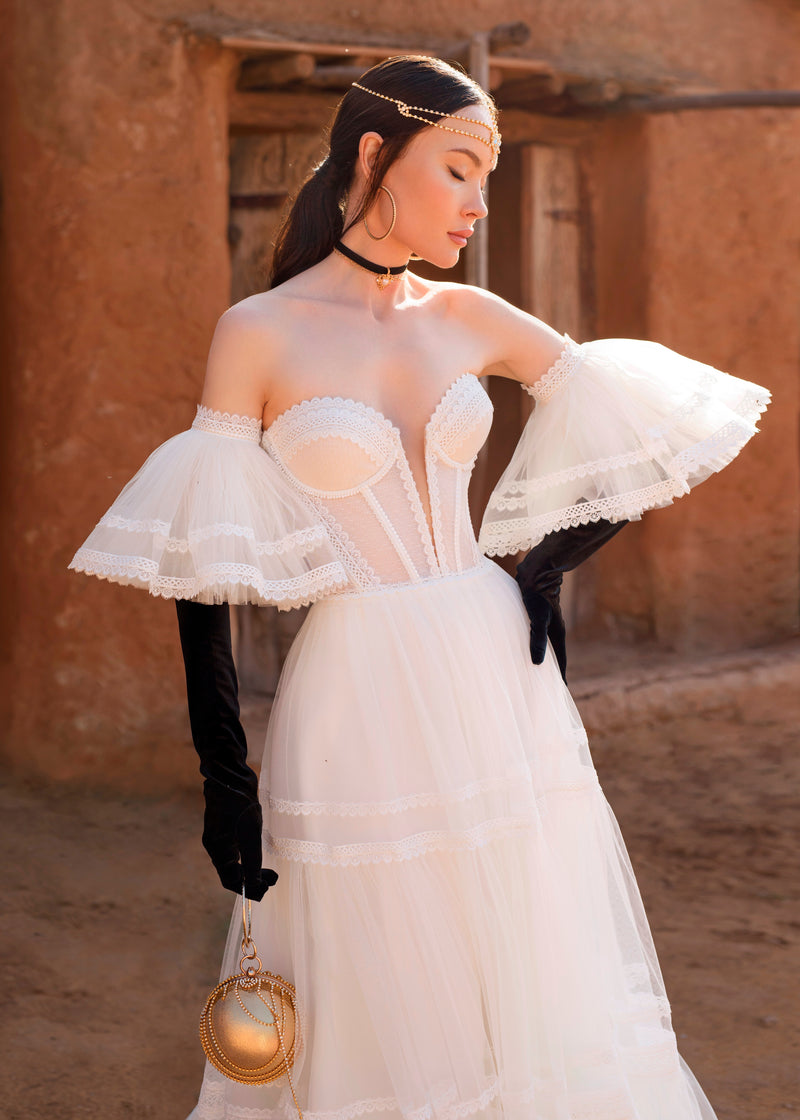 Strapless Wedding Gown with Removable Puffy Sleeves