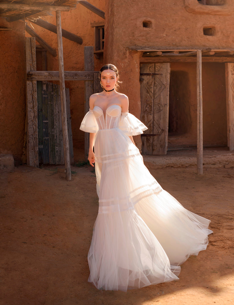 Robe de mariée bustier avec manches bouffantes amovibles