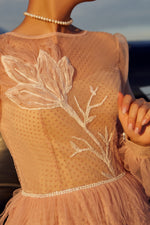 Powder Evening Gown with Sheer Long Sleeves