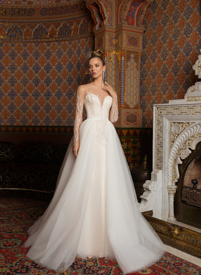 Robe de mariée sirène transparente à manches longues avec surjupe