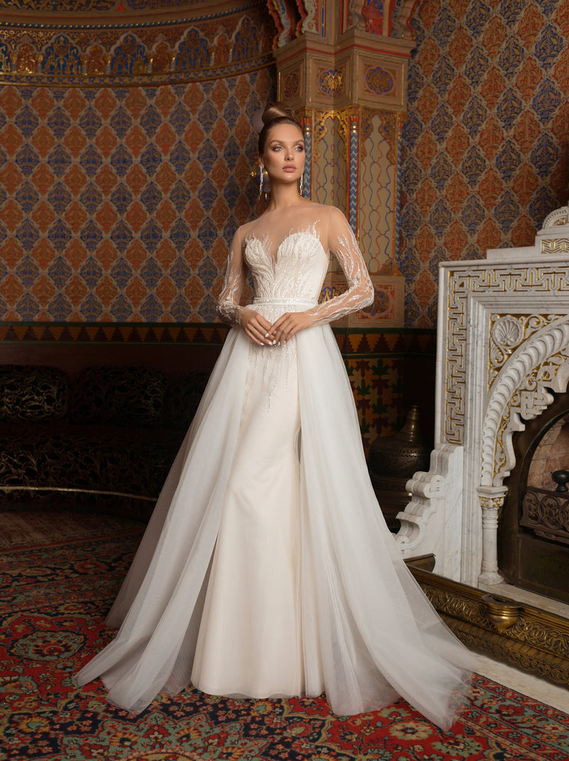 Robe de mariée sirène transparente à manches longues avec surjupe