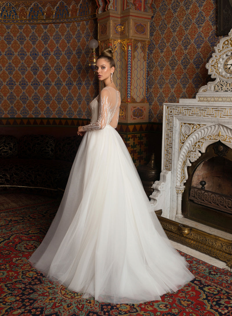 Robe de mariée sirène transparente à manches longues avec surjupe