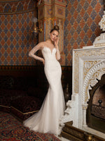 Sheer Long Sleeve Mermaid Wedding Dress with Overskirt