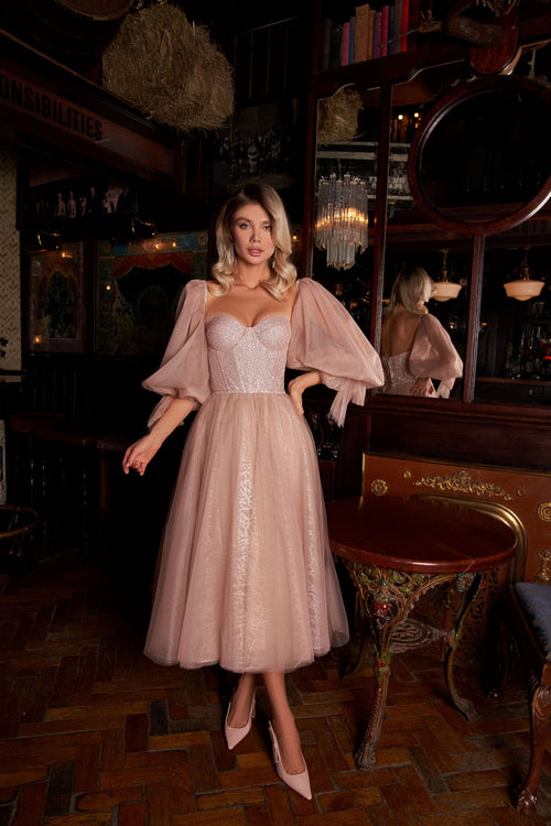 Vestido midi manga bufante com brilho