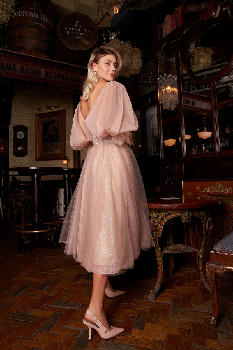 Puffy Sleeve Glitter Midi Dress HAREM's Brides Puffy Sleeve Glitter Midi Dress HAREM's Brides