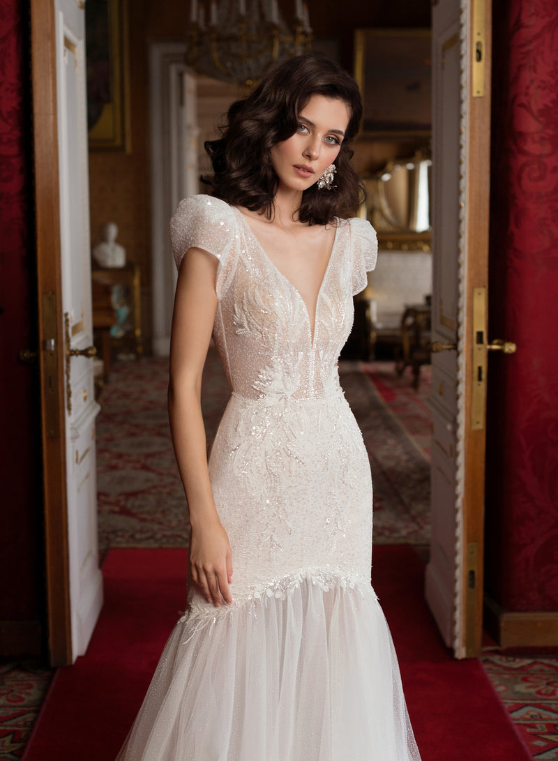 Stunning V-Neck Trumpet Cap Sleeve Wedding Dress