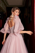 Robe midi bustier en tulle à manches bouffantes