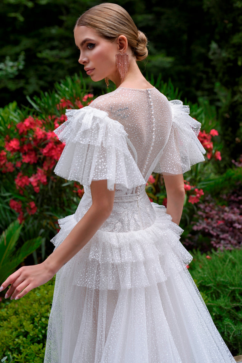 Puffy Sleeve A-line Polka Dot Wedding Gown