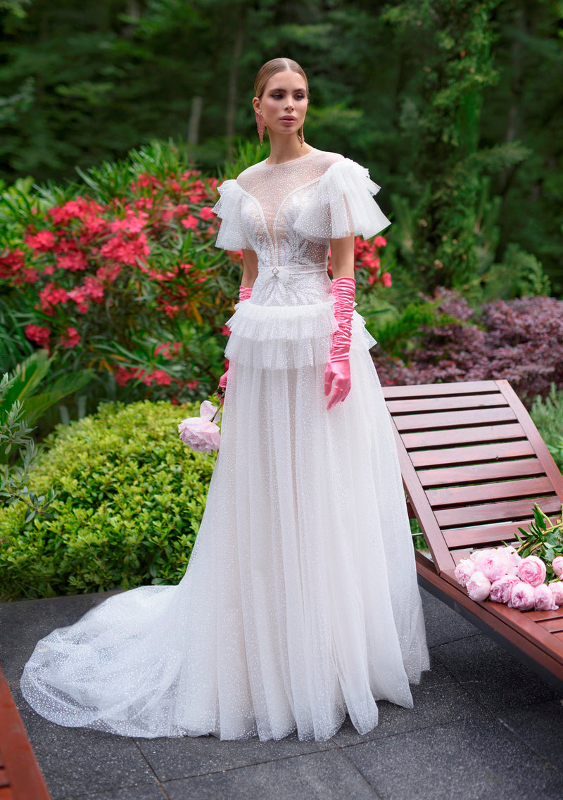 Robe de mariée trapèze à manches bouffantes et à pois