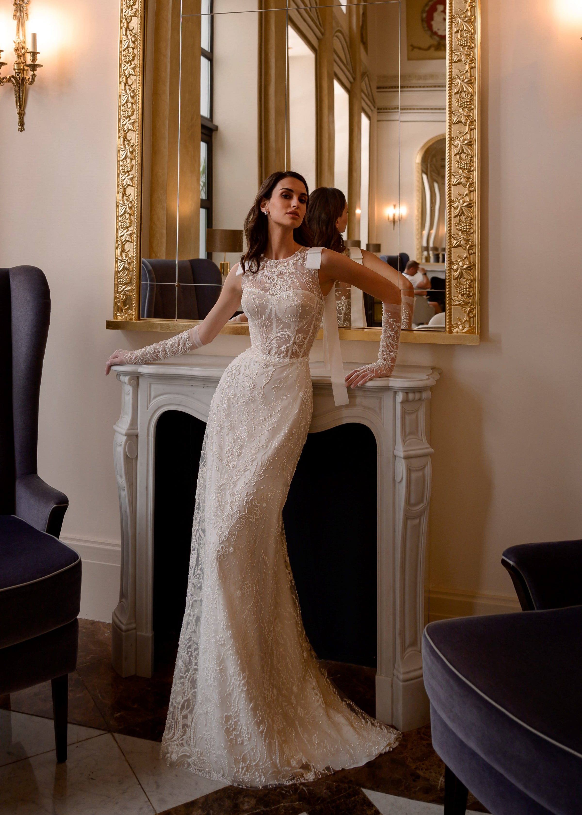 Lace Applique High Neck Sleeveless Glitter Wedding Gown HAREM's Brides Lace Applique High Neck Sleeveless Glitter Wedding Gown HAREM's Brides