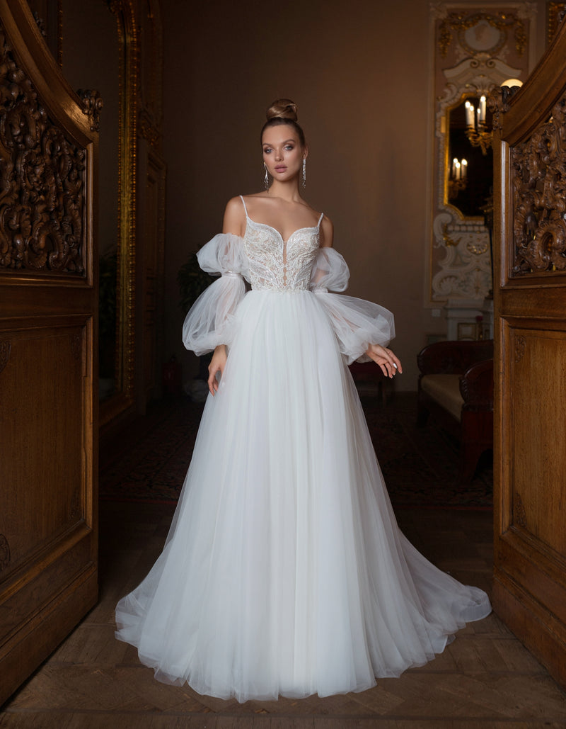 Robe de mariée trapèze à bretelles fines et manches amovibles