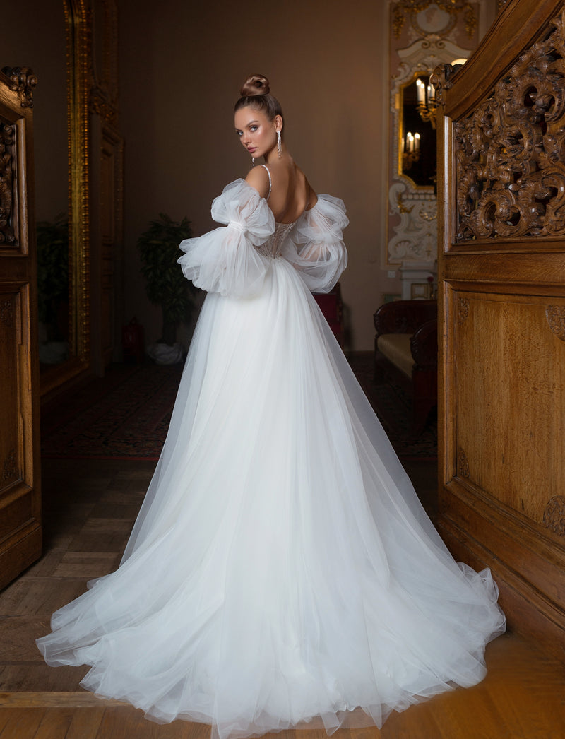 a line wedding dress with straps Spaghetti Strap A-Line Wedding Dress with Removable Sleeves EU34