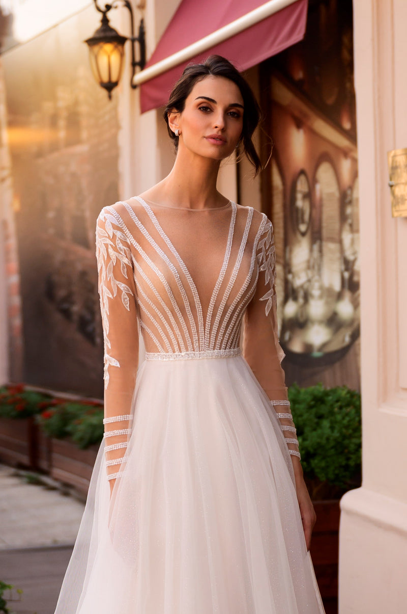 a line long sleeve wedding dress LaDivine CD0192W Flowy Bridal A back zipper keeps the fit neat and simple Long Sleeve A-Line Wedding Dress