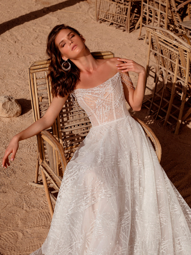 beaded wedding dress straps Tulle A-line Beaded Spaghetti Straps Backless Wedding Dress, Bridal Gown, MW734