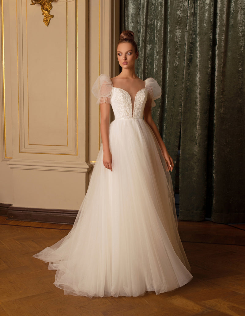 V-Neck A-Line Cap Sleeve Wedding Dress