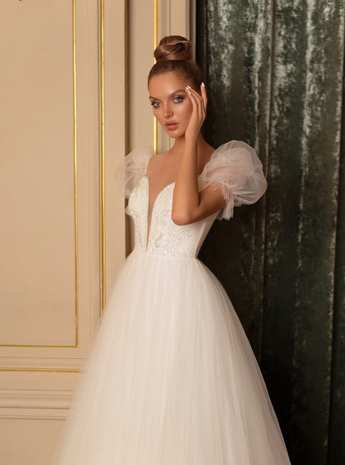 V-Neck A-Line Cap Sleeve Wedding Dress