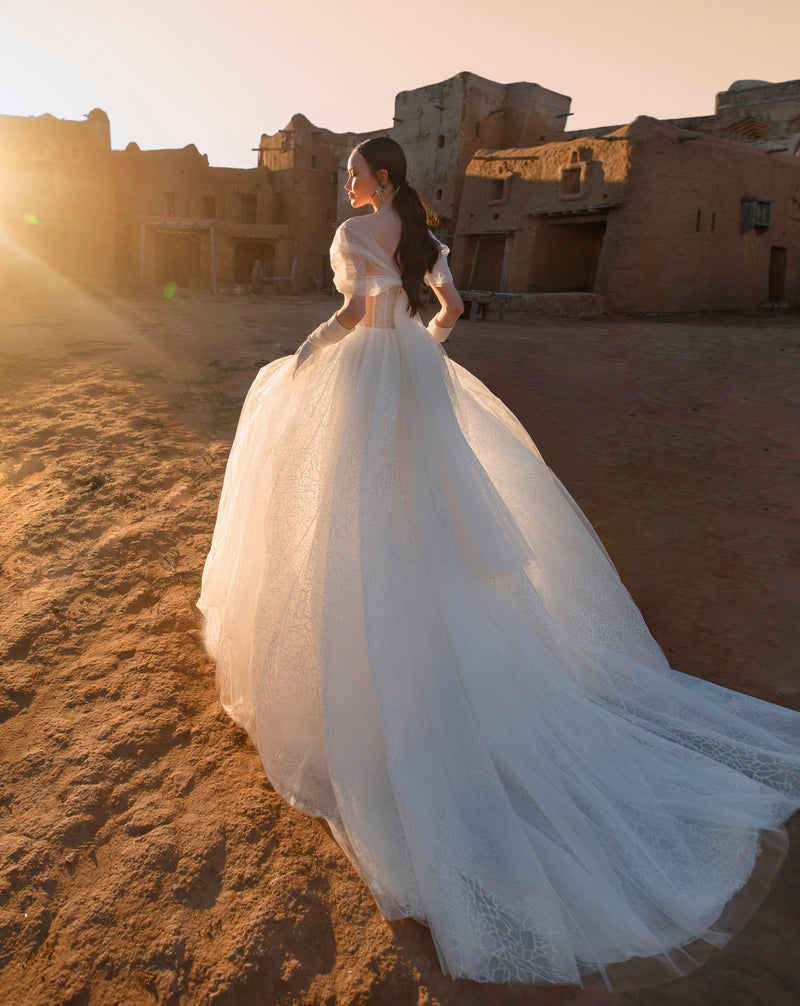 Vestido de novia de princesa con hombros descubiertos