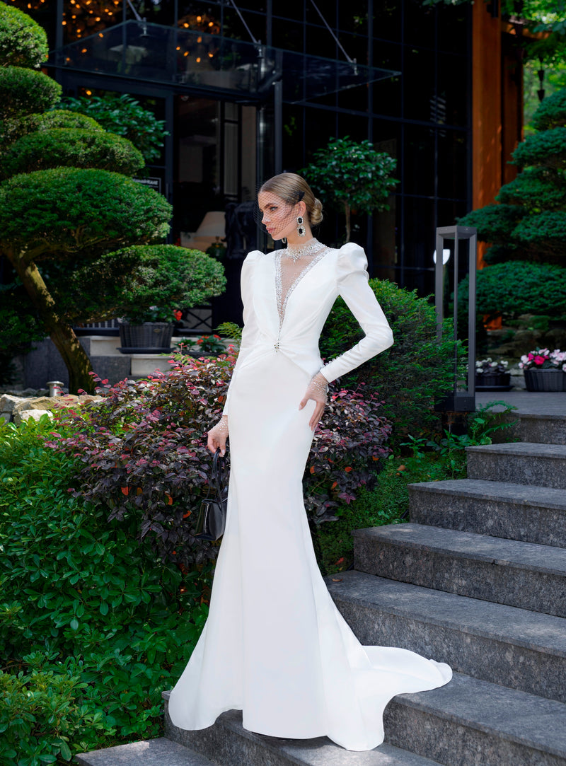 Elegant High Neck Long Sleeve Mermaid Wedding Dress – HAREM's Brides