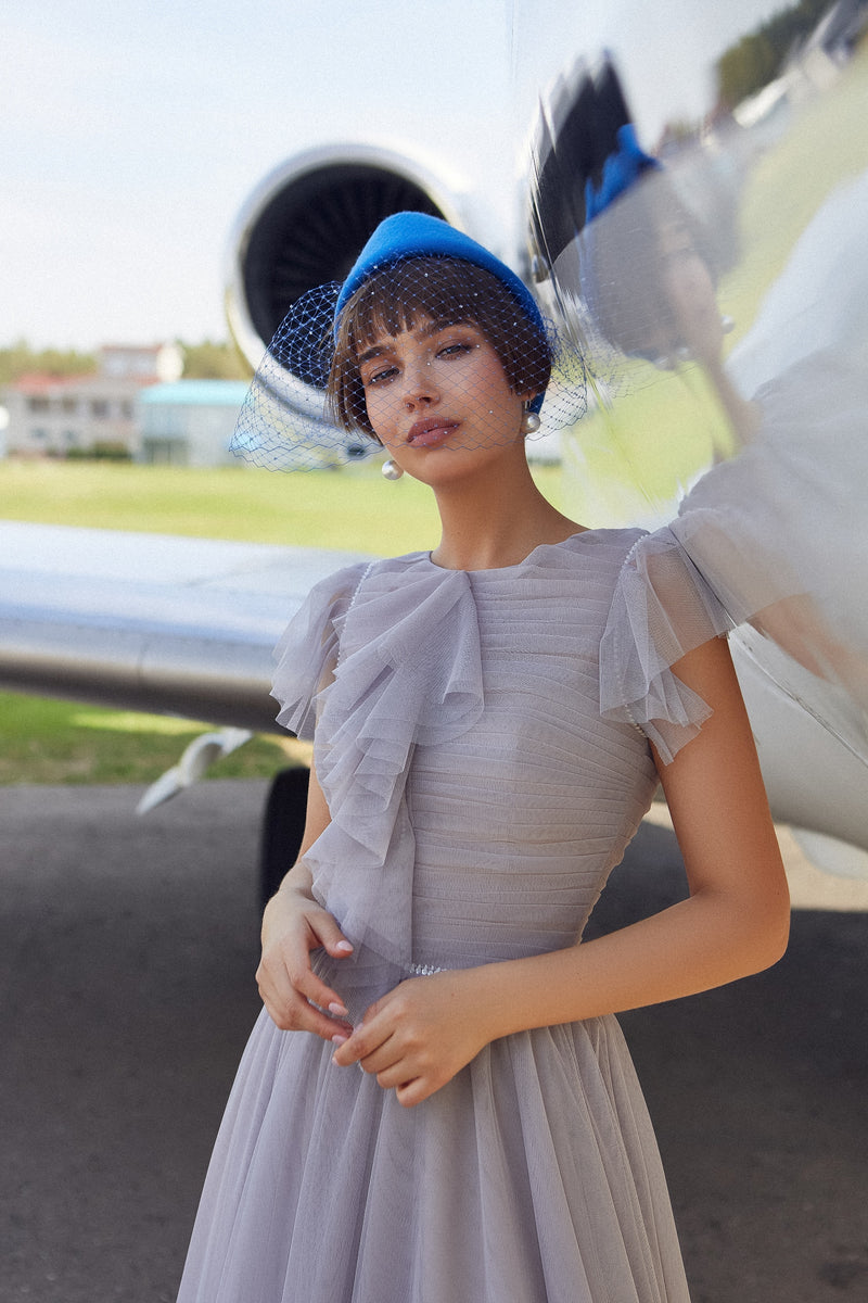 Vestido longo gola alta tule manga curta chá
