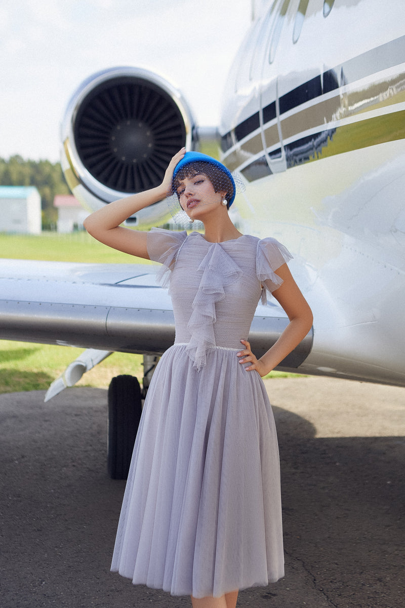 Vestido longo gola alta tule manga curta chá