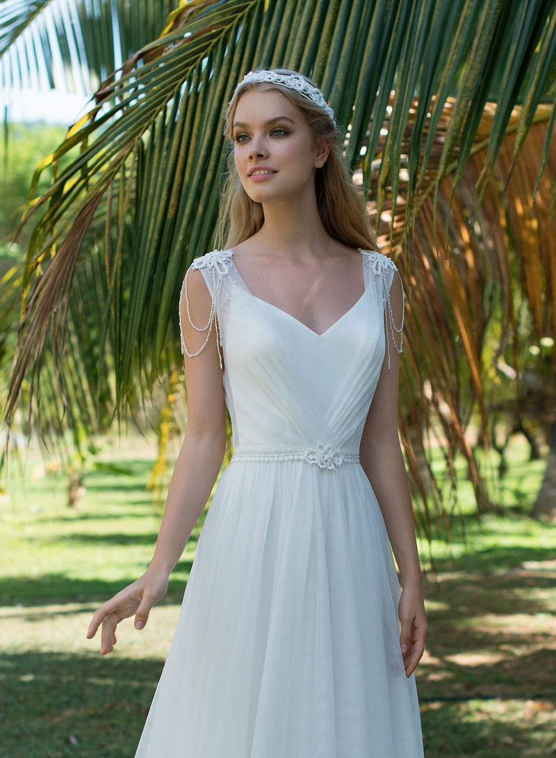 sleeveless women's white wedding dress for a royal wedding Hellenic Style Sleeveless Wedding Dress with Tulle Cape EU42 / Milk