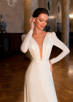 V-Neck Glitter Long Sleeve Wedding Dress