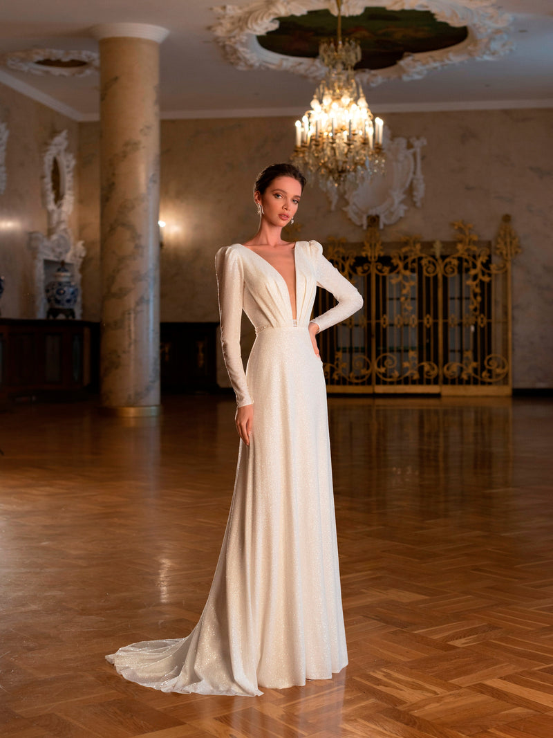 V-Neck Glitter Long Sleeve Wedding Dress HAREM's Brides V-Neck Glitter Long Sleeve Wedding Dress HAREM's Brides