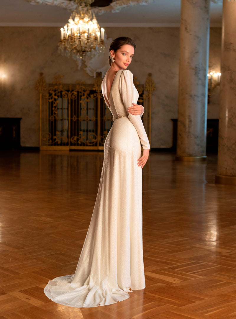 V-Neck Glitter Long Sleeve Wedding Dress