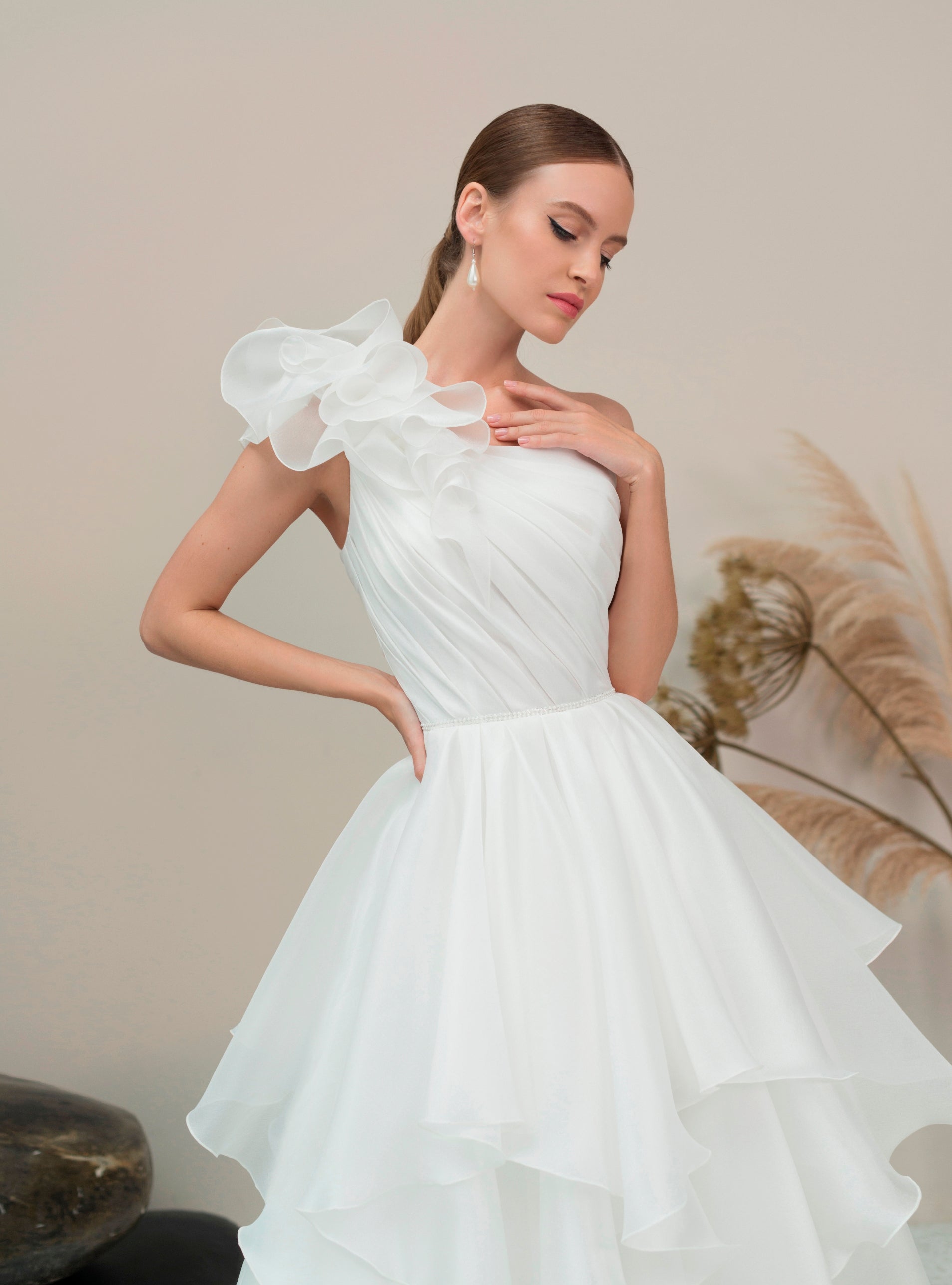 one shoulder ruffle wedding dress FRANCIE One Shoulder Crepe Gown