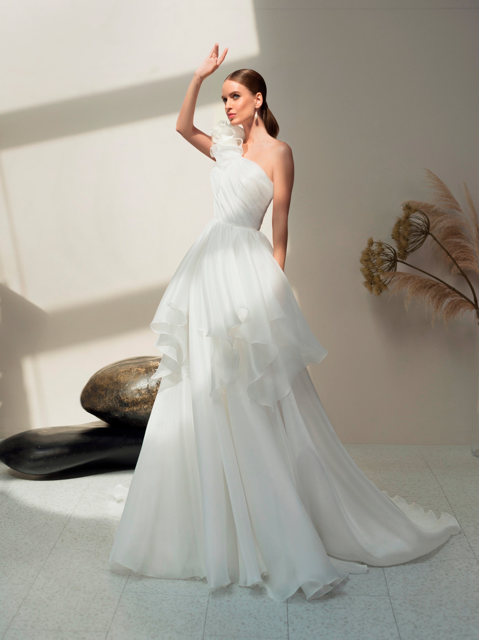 One-Shoulder Wedding Gown with Playful Skirt HAREM's Brides One-Shoulder Wedding Gown with Playful Skirt HAREM's Brides