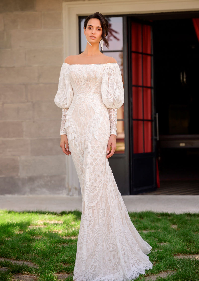 Robe de mariée bohème en dentelle à manches longues bouffantes 