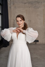 Sheer Long Sleeve V-Neck Plus Size Wedding Dress