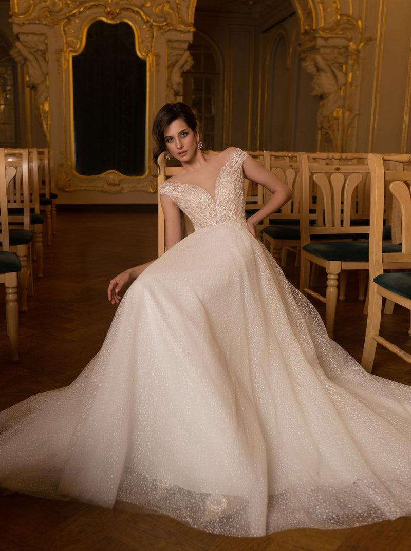 Glamorous V-Neck Glitter A-Line Wedding Dress HAREM's Brides Glamorous V-Neck Glitter A-Line Wedding Dress HAREM's Brides